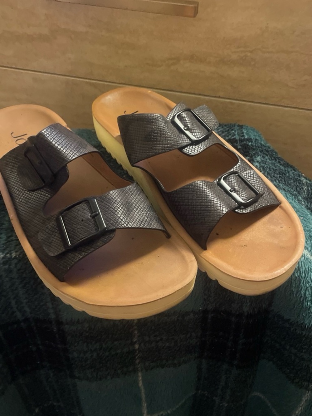 Black Textured Double-Buckle Slide Sandals